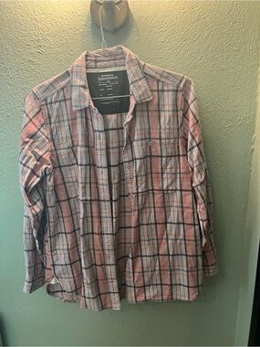 REI Cooperative Cotton Flannel Plaid Shirt in Pink and Gray with Orange Accents